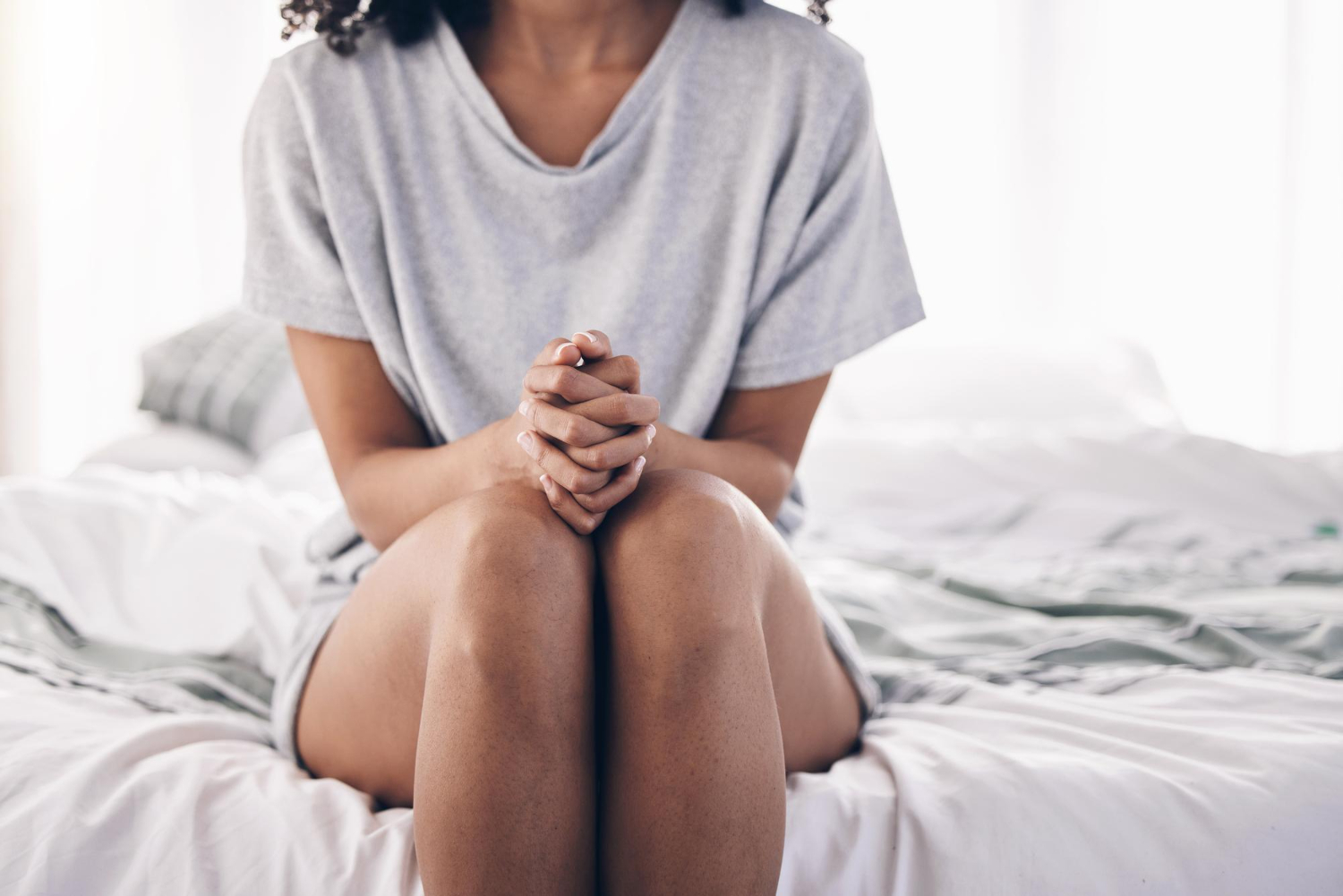 wake up morning woman sitting bed while sad with depression anxiety thinking mental health thoughtful girl bedroom sleep with insomnia frustrated with fatigue